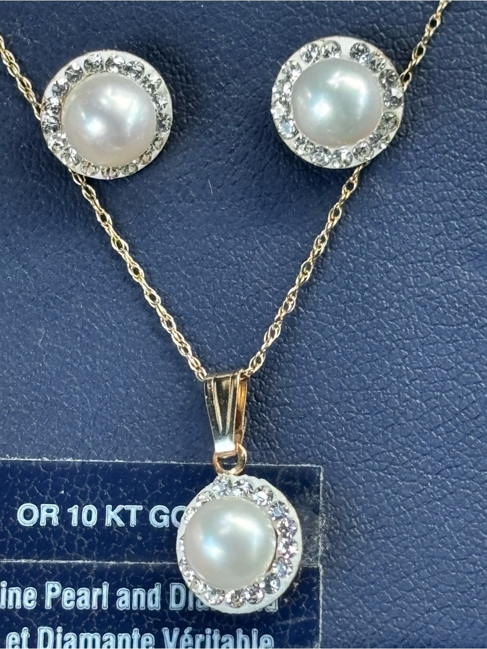 10K Gold Pearl and Crystal Pendant Necklace Set - White Pearls